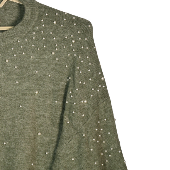 H&M Green Fuzzy Wool Blend Sweater Women M Faux Pearl Embellished Soft Cozy Chic - Picture 4 of 8